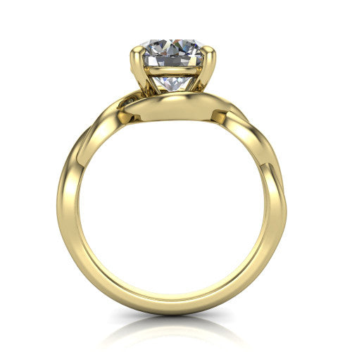 Norah round classic engagement ring in 14K Yellow Gold, through-finger front profile showing the twisted infinity band and open gallery from the front