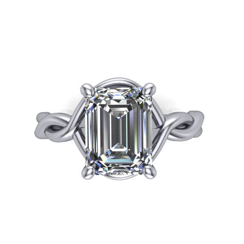Norah emerald-cut classic engagement ring in Platinum, top-down view showing the emerald-cut center diamond and braided shank from above