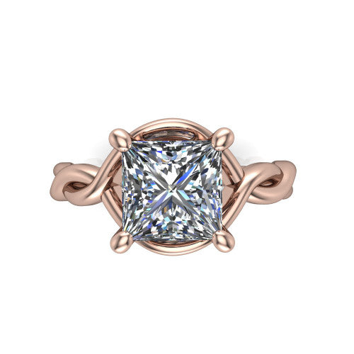 Norah princess-cut classic engagement ring in 18K Rose Gold, top-down view showing the princess-cut center diamond and braided shank from above