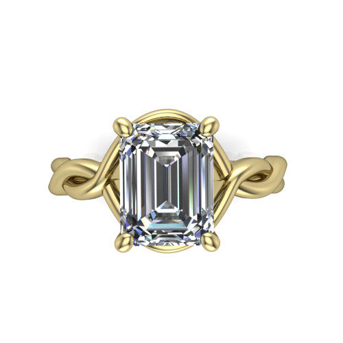 Norah emerald-cut classic engagement ring in 18K Yellow Gold, top-down view showing the emerald-cut center diamond and braided shank from above