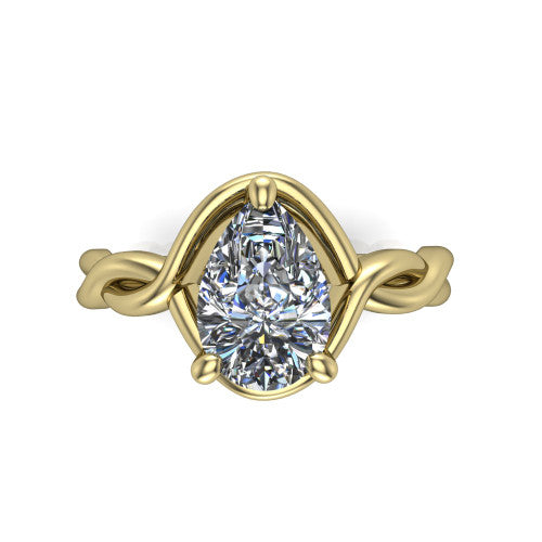 Norah pear classic engagement ring in 14K Yellow Gold, top-down view showing the pear center diamond and braided shank from above