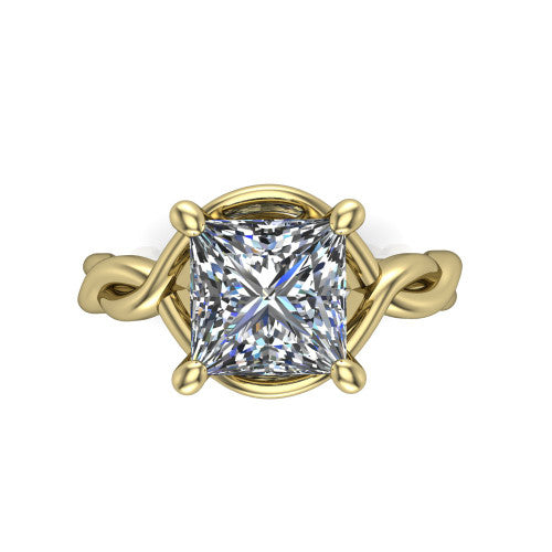 Norah princess-cut classic engagement ring in 18K Yellow Gold, top-down view showing the princess-cut center diamond and braided shank from above