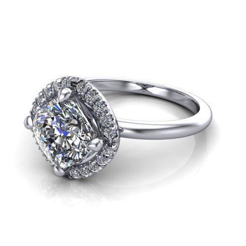 Callie cushion halo engagement ring in 14K White Gold, three-quarter perspective showing the cushion center diamond set diagonally in a pave halo on a thin band