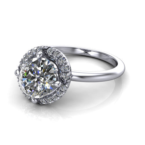 Callie oval halo engagement ring in 14K White Gold, three-quarter perspective showing the oval center diamond set diagonally in a pave halo on a thin band