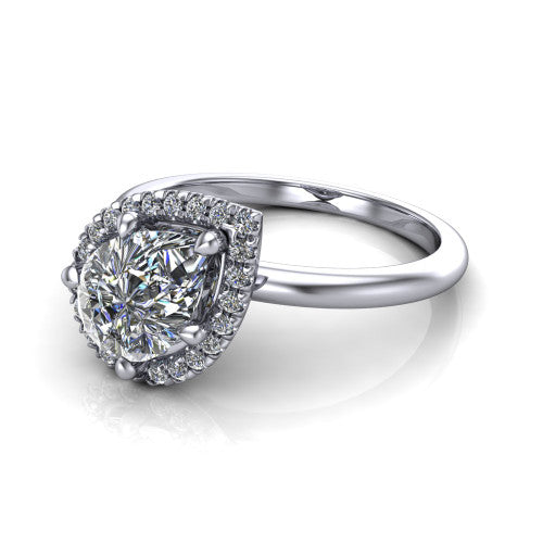 Callie pear halo engagement ring in Platinum, three-quarter perspective showing the pear center diamond set diagonally in a pave halo on a thin band