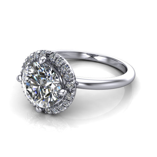 Callie round halo engagement ring in 14K White Gold, three-quarter perspective showing the round center diamond set diagonally in a pave halo on a thin band