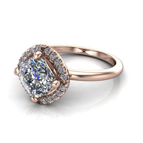 Callie cushion halo engagement ring in 18K Rose Gold, three-quarter perspective showing the cushion center diamond set diagonally in a pave halo on a thin band