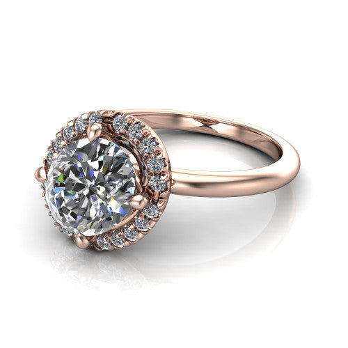 Callie oval halo engagement ring in 14K Rose Gold, three-quarter perspective showing the oval center diamond set diagonally in a pave halo on a thin band