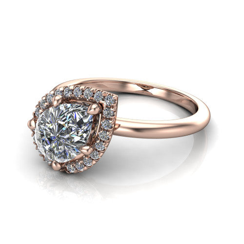 Callie pear halo engagement ring in 18K Rose Gold, three-quarter perspective showing the pear center diamond set diagonally in a pave halo on a thin band