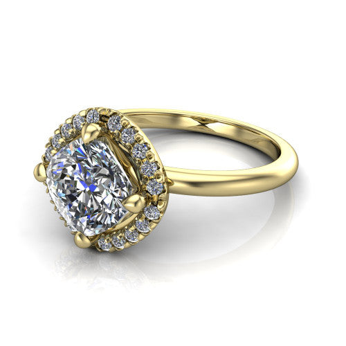 Callie cushion halo engagement ring in 14K Yellow Gold, three-quarter perspective showing the cushion center diamond set diagonally in a pave halo on a thin band