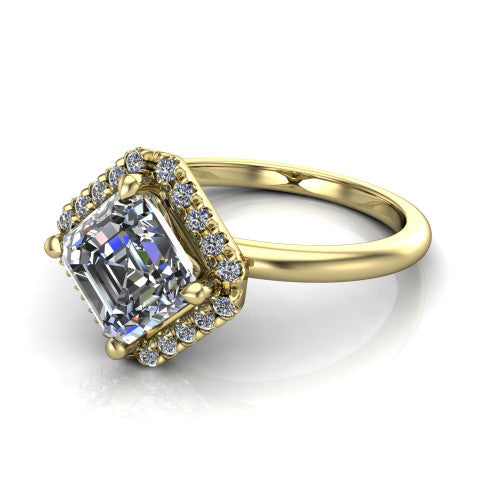Callie square emerald-cut halo engagement ring in 14K Yellow Gold, three-quarter perspective showing the square emerald-cut center diamond set diagonally in a pave halo on a thin band