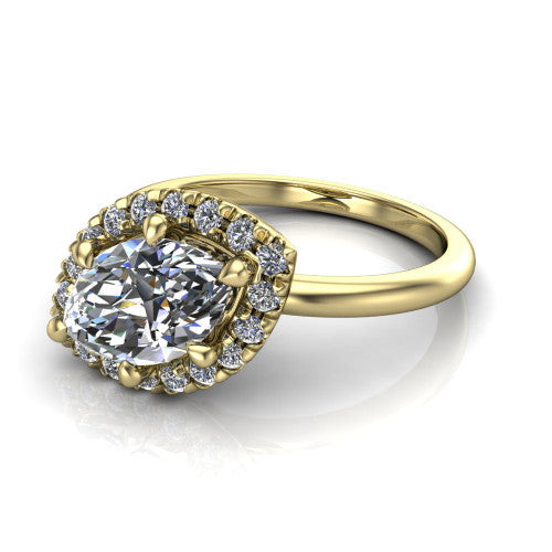Callie marquise halo engagement ring in 18K Yellow Gold, three-quarter perspective showing the marquise center diamond set diagonally in a pave halo on a thin band