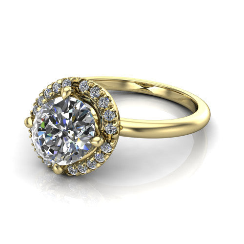 Callie oval halo engagement ring in 14K Yellow Gold, three-quarter perspective showing the oval center diamond set diagonally in a pave halo on a thin band