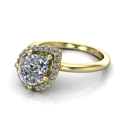 Callie pear halo engagement ring in 14K Yellow Gold, three-quarter perspective showing the pear center diamond set diagonally in a pave halo on a thin band