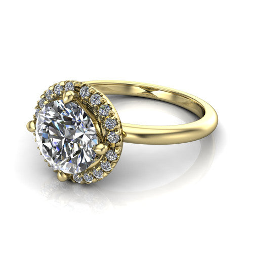 Callie round halo engagement ring in 14K Yellow Gold, three-quarter perspective showing the round center diamond set diagonally in a pave halo on a thin band