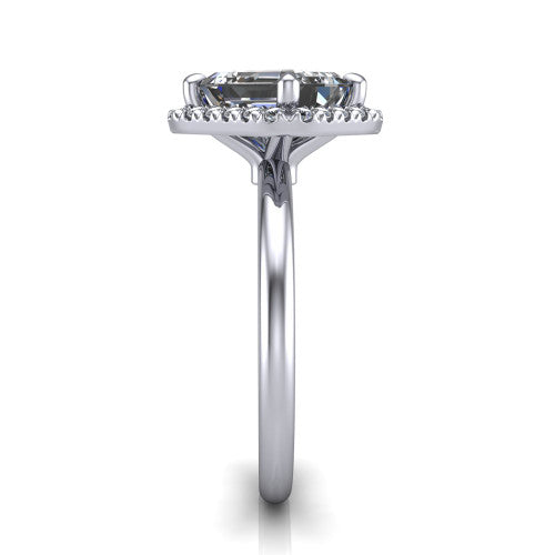 Callie emerald-cut halo engagement ring in 18K White Gold, side profile showing the kite halo and slim polished band in side view