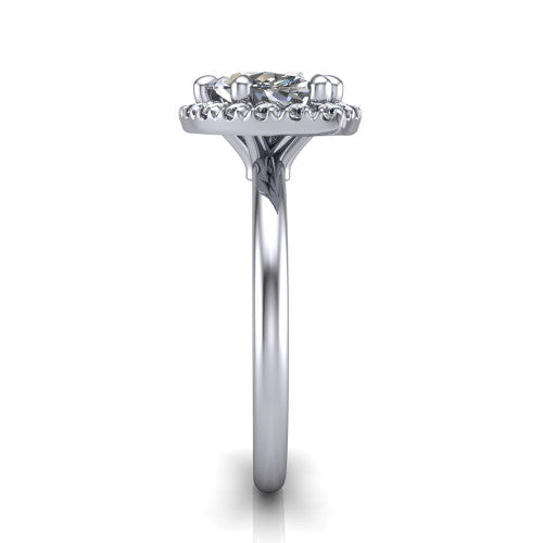 Callie marquise halo engagement ring in 18K White Gold, side profile showing the kite halo and slim polished band in side view