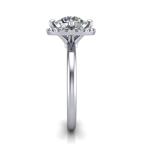 Callie round halo engagement ring in Platinum, side profile showing the kite halo and slim polished band in side view