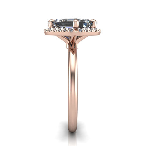 Callie emerald-cut halo engagement ring in 14K Rose Gold, side profile showing the kite halo and slim polished band in side view