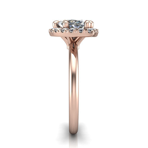 Callie marquise halo engagement ring in 18K Rose Gold, side profile showing the kite halo and slim polished band in side view
