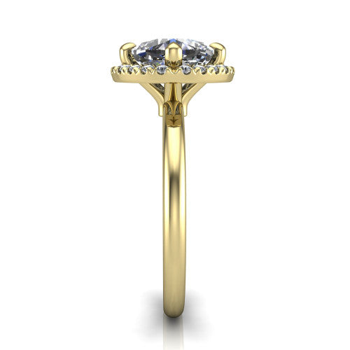 Callie cushion halo engagement ring in 14K Yellow Gold, side profile showing the kite halo and slim polished band in side view