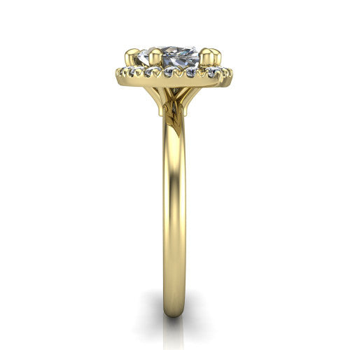Callie marquise halo engagement ring in 14K Yellow Gold, side profile showing the kite halo and slim polished band in side view