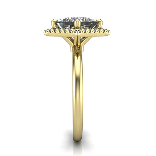 Callie princess-cut halo engagement ring in 18K Yellow Gold, side profile showing the kite halo and slim polished band in side view