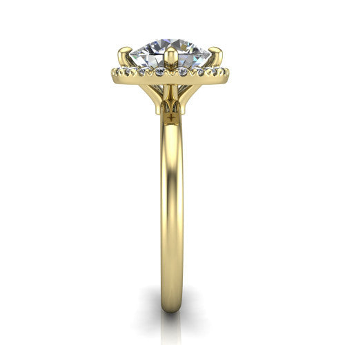 Callie round halo engagement ring in 18K Yellow Gold, side profile showing the kite halo and slim polished band in side view