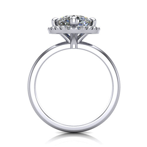 Callie cushion halo engagement ring in 14K White Gold, through-finger front profile showing the pave halo and thin band from the front
