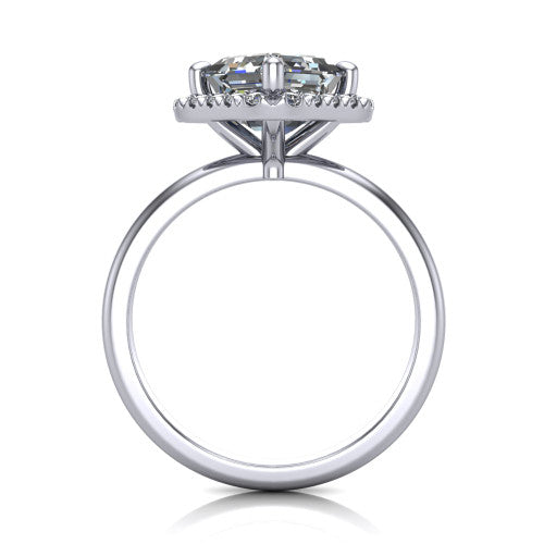 Callie square emerald-cut halo engagement ring in 18K White Gold, through-finger front profile showing the pave halo and thin band from the front