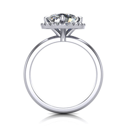 Callie oval halo engagement ring in Platinum, through-finger front profile showing the pave halo and thin band from the front