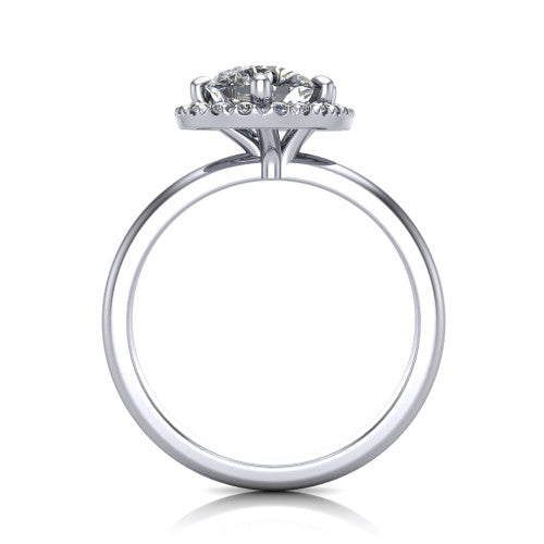 Callie pear halo engagement ring in 14K White Gold, through-finger front profile showing the pave halo and thin band from the front