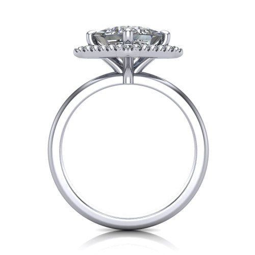 Callie princess-cut halo engagement ring in Platinum, through-finger front profile showing the pave halo and thin band from the front