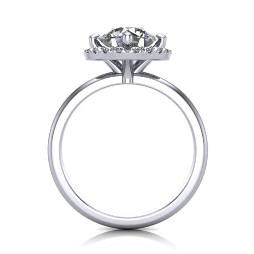 Callie round halo engagement ring in Platinum, through-finger front profile showing the pave halo and thin band from the front