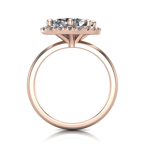 Callie marquise halo engagement ring in 18K Rose Gold, through-finger front profile showing the pave halo and thin band from the front