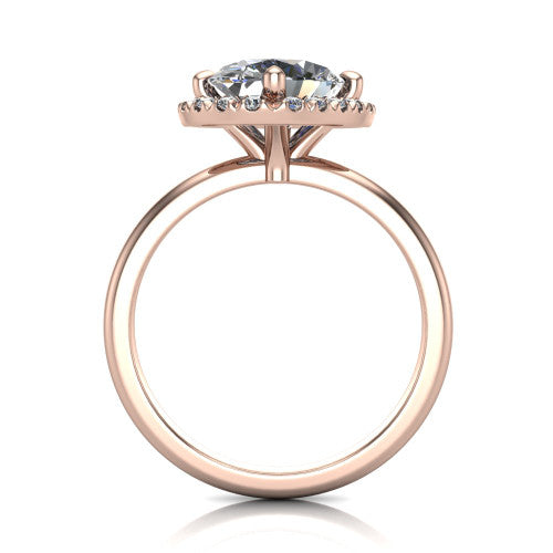 Callie oval halo engagement ring in 14K Rose Gold, through-finger front profile showing the pave halo and thin band from the front