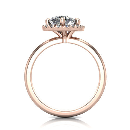 Callie pear halo engagement ring in 18K Rose Gold, through-finger front profile showing the pave halo and thin band from the front