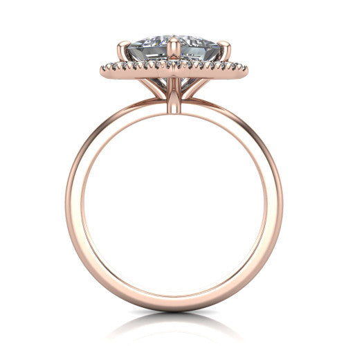 Callie princess-cut halo engagement ring in 18K Rose Gold, through-finger front profile showing the pave halo and thin band from the front
