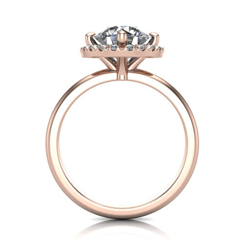 Callie round halo engagement ring in 14K Rose Gold, through-finger front profile showing the pave halo and thin band from the front