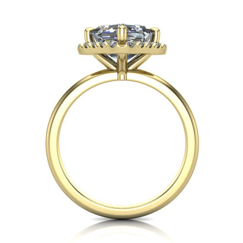 Callie square emerald-cut halo engagement ring in 14K Yellow Gold, through-finger front profile showing the pave halo and thin band from the front