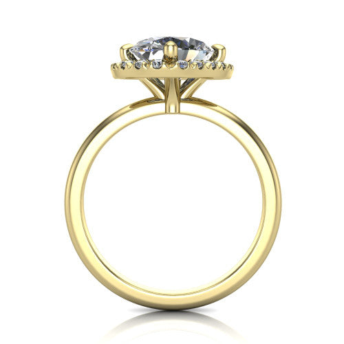 Callie oval halo engagement ring in 14K Yellow Gold, through-finger front profile showing the pave halo and thin band from the front