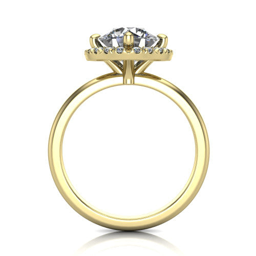 Callie round halo engagement ring in 14K Yellow Gold, through-finger front profile showing the pave halo and thin band from the front