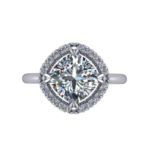 Callie cushion halo engagement ring in 14K White Gold, top-down view showing the cushion center diamond and kite-set halo from above
