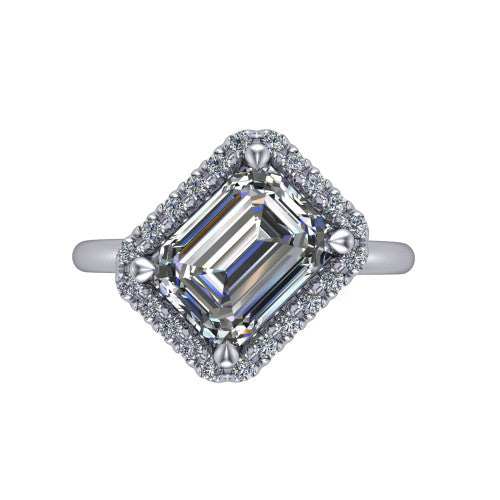 Callie emerald-cut halo engagement ring in 18K White Gold, top-down view showing the emerald-cut center diamond and kite-set halo from above