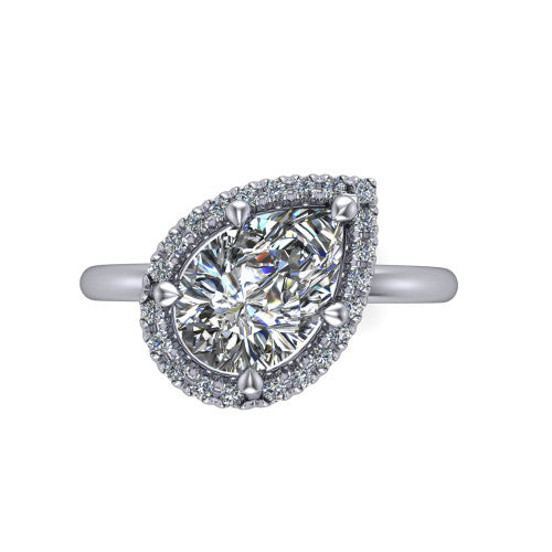 Callie pear halo engagement ring in 18K White Gold, top-down view showing the pear center diamond and kite-set halo from above