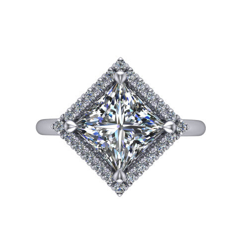 Callie princess-cut halo engagement ring in Platinum, top-down view showing the princess-cut center diamond and kite-set halo from above
