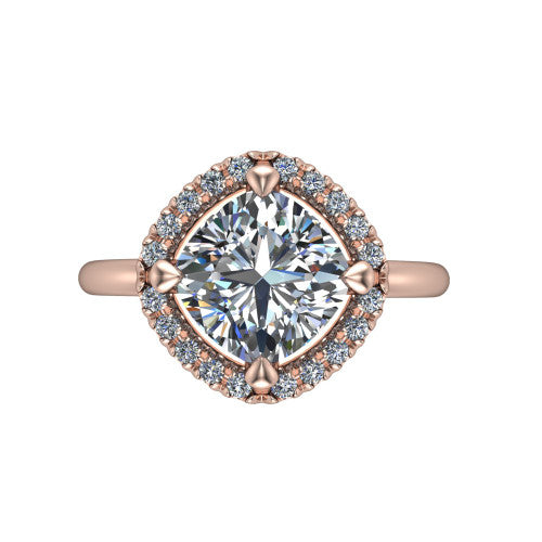 Callie cushion halo engagement ring in 14K Rose Gold, top-down view showing the cushion center diamond and kite-set halo from above
