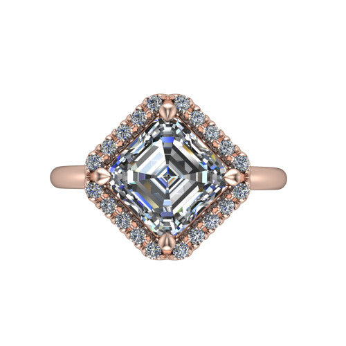 Callie square emerald-cut halo engagement ring in 18K Rose Gold, top-down view showing the square emerald-cut center diamond and kite-set halo from above