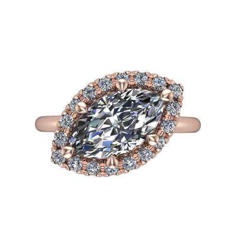 Callie marquise halo engagement ring in 14K Rose Gold, top-down view showing the marquise center diamond and kite-set halo from above