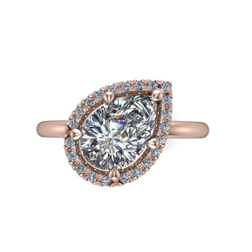 Callie pear halo engagement ring in 18K Rose Gold, top-down view showing the pear center diamond and kite-set halo from above
